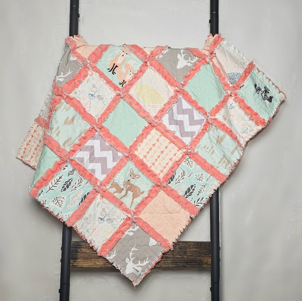 NEW Handmade Hello Bear Coral Minky Rag Quilt